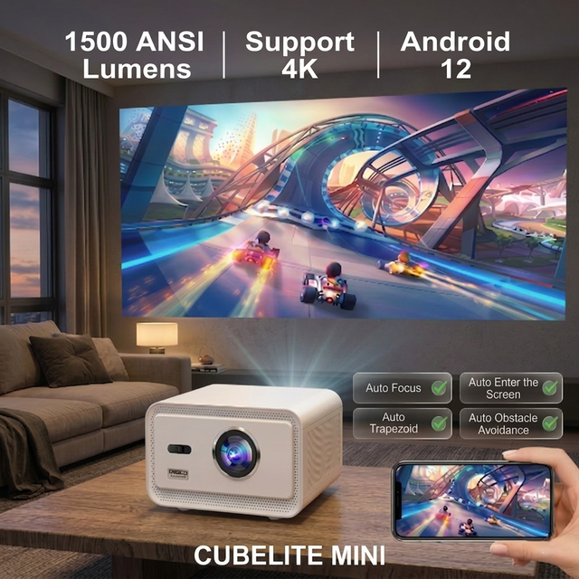 OEM Cubelite Mini Projector 1500 ANSI Lumens 1080P Smart Android 12 Mini Video Projector Movie Theater Proyector