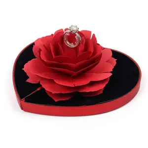 Large Packaging Creative Expandable Rose Preserved Flowers Ring Heart Shape Gift Box Necklace Rings Foldable Jewelry Box