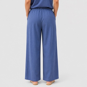 <span class=keywords><strong>Pantalon</strong></span> large <span class=keywords><strong>taille</strong></span> haute en mélange de <span class=keywords><strong>lin</strong></span> pour <span class=keywords><strong>femme</strong></span> avec ceinture brodée, style bohème fluide pour la plage - Product Image 3