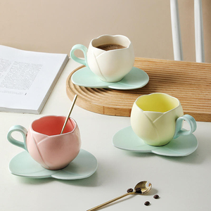 New Gift Mugs 300ml 10oz 3d Macaron pink Lovely Embossed Tulip Shaped <b>Ceramic</b> Porcelain Coffee <b>Cup</b> <b>Ceramic</b> Mug with Saucer - Product Image 1