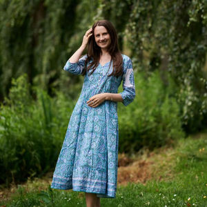 Floraline Hand Block Printed Calf Length Dress Blue White <b>Lilac</b> Bohemian Cotton Dress for Women - Product Image 1