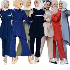 2022 गर्म बिक्री सांस दो टुकड़ा सेट महिला मुस्लिम सेट लंबी आस्तीन महिलाओं के लिए ब्लाउज पैंट अरब कपड़े में सबसे ऊपर