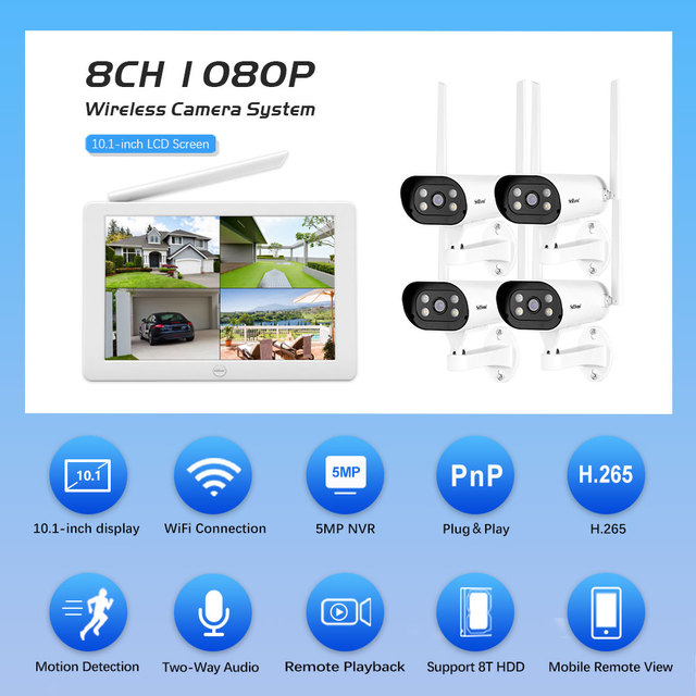 SriHome Home Security Camera 2MP Touchscreen Monitor 4 Channel  NVR Kit Wireless  Security System Network Camera  Wifi NVR