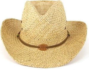Sombrero de vaquero de paja con detalle de banda de cuero y sombrero de vaquero occidental con insignia de tres caballos para hombres y mujeres. - Product Image 1
