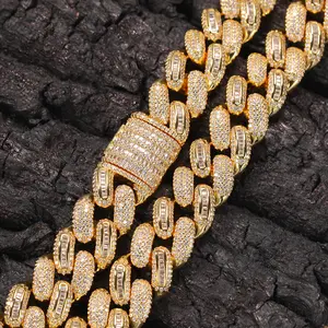 Qianjian Vintage Miami Mossanite Baguette Gold Plated Moissanite Cuban Link Chain Necklaces