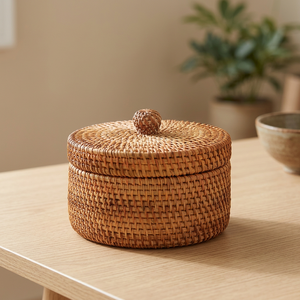Natural Rattan Storage <b>Basket</b> <b>With</b> <b>Lid</b> Circle Shape Eco-Friendly Rustic Style Multi-Purpose Container - Product Image 2