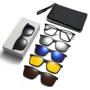 5合1磁铁夹太阳镜偏光镜眼镜方形眼镜镜架可互换磁性眼镜TR90