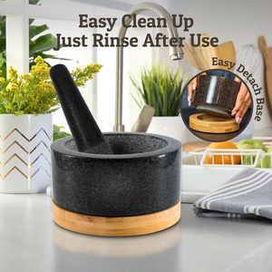 Juego de Mortero y Pilón de Alta Resistencia con Base de Bambú, Molinillo de <span class=keywords><strong>Piedra</strong></span> de Granito 100% Natural, Tazón y Pilón para Guacamole, 2 Tazas, Negro - Product Image 3