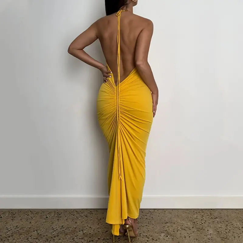 YP New Trending Backless Sexy Halter Dresses Sleeveless Bodycon Fitted Maxi Long Dress Summer Ruffled Dress