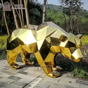 3D金属几何真人大小动物雕塑不锈钢金色几何熊雕像