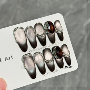 Faux ongles à presser œil de chat français, <span class=keywords><strong>violet</strong></span> <span class=keywords><strong>foncé</strong></span> galaxie, faits main, avec accents dégradés nude et petits strass, amovibles, ultra-fins, artificiels - Product Image 3