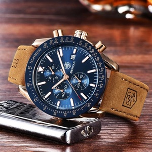 BENYAR Men's Chronograph Quartz <b>Watch</b> Green Dial Leather Strap 14mm Stainless Steel <b>Case</b> 30M Waterproof - Product Image 2