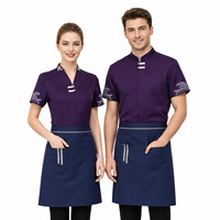 Uniforme de serveur à col mandarin chinois à manches courtes avec tablier assorti, tenue de service élégante pour restaurant chinois haut de gamme