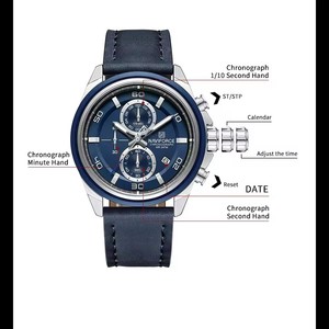 NAVIFORCE 8073 Orologio da Polso Maschile di Lusso Creativo con Display Automatico del Calendario, Cronografo in Pelle, Argento e Blu - Product Image 3