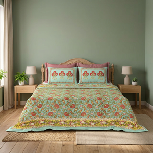 Parure de lit imprimée sur écran en coton indien, motif floral, faite à la main à Jaipur, style bohème, taille King, respirante, toutes saisons, décoration intérieure - Product Image 3