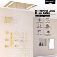 Système de douche thermostatique 4 fonctions en acier inoxydable brossé avec pommeau LED de plafond 14x20 pouces, pommeau mural 6 pouces et douchette à main