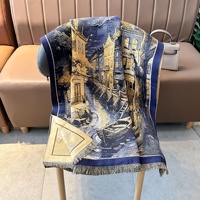 Écharpe en fausse fourrure de cachemire extra-épaisse pour femme, motif peinture à l'huile artistique vintage inspiré des villes aquatiques hivernales, 185 cm
