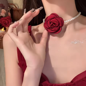 Collier ras du cou pour femme en dentelle avec fleur tridimensionnelle en cuivre rose, chaîne à maillons imitation perle sportive, accessoires de clavicule - Product Image 1