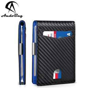 Porte-cartes RFID AndoBag pour hommes, en fibre de carbone contrastée, avec système pop-up, portefeuille court, pince à billets tendance en aluminium. - Product Image 1