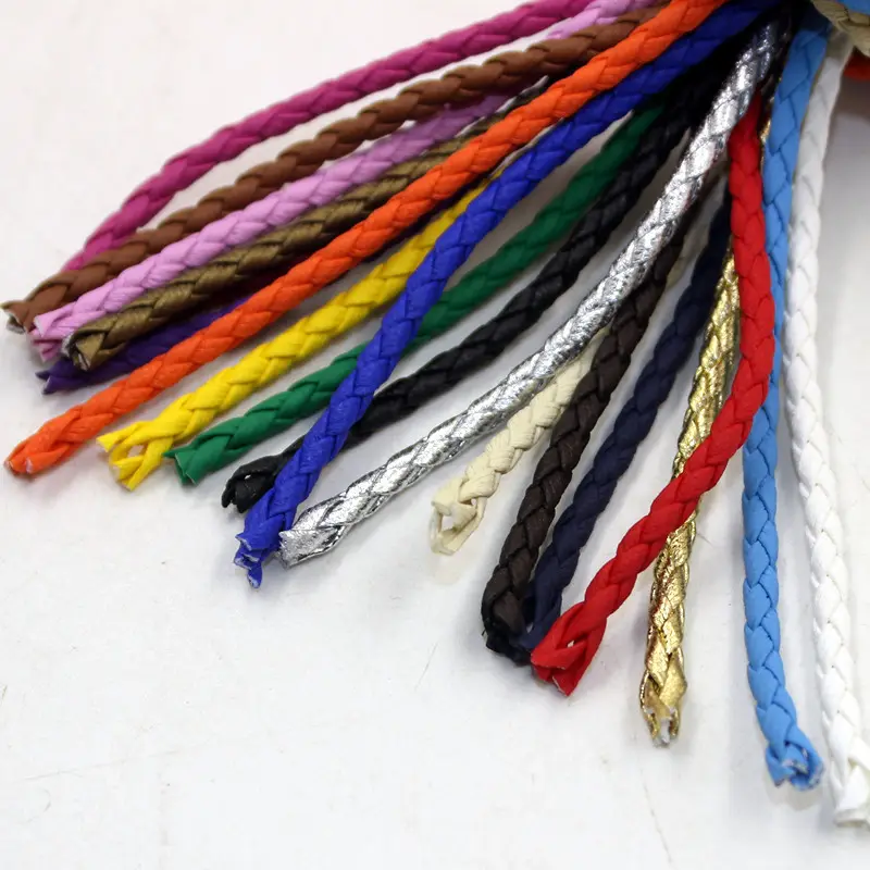 High Quality 3mm 4mm Colorful PU Leather Braided Cord soft PU thread for bracelet making