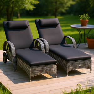 Chaises longues inclinables d'extérieur noires avec coussin, appui-tête et roulettes, chaises longues pour patio et jardin - Product Image 2