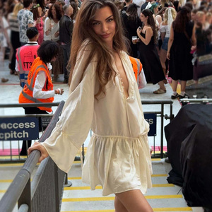 Vestido Camisero Tejido con Lazo Delantero, Estilo Francés Elegante, Ligero, Manga Larga, Corte Holgado, Largo hasta la Rodilla para Mujer - Product Image 3