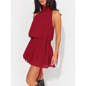 Vestido Mini Rojo Personalizado para Mujer, Estilo Halter, Línea A, Chifón, con Lazos en la Espalda, para Fiesta o Club - Product Image 3