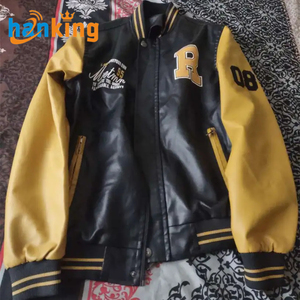 Veste en cuir décontractée coupe ajustée pour homme Vestes en cuir PU baseball à manches longues brodées en polaire de luxe Manteaux en faux cuir - Product Image 6