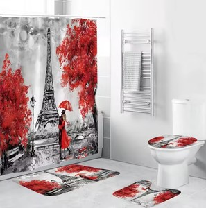 Ensemble 3D quatre pièces Tour Eiffel en polyester écologique : rideau de douche, tapis antidérapants et couvercle de toilette à motif paysage parisien - Product Image 4