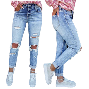 Jeans de mezclilla ajustados para mujer 2025 - Cintura alta, transpirables, con lavado arena, detalles desgastados y deshilachados, estilo europeo de calle. - Product Image 1