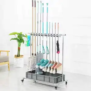 Stainless Steel Mop HolderFloor-mounted No-Punch Removable Cleaning Tool Shelf