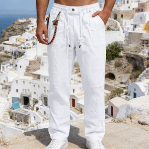Pantalon décontracté pour homme en mélange de lin, coupe droite, respirant, idéal pour l'été - Product Image 3