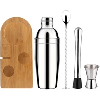 Ensemble de shaker à cocktails en acier inoxydable, 4 pièces, outils de bar avec support en bois de bambou, doseur, pilon, cuillère de bar pour bar à domicile