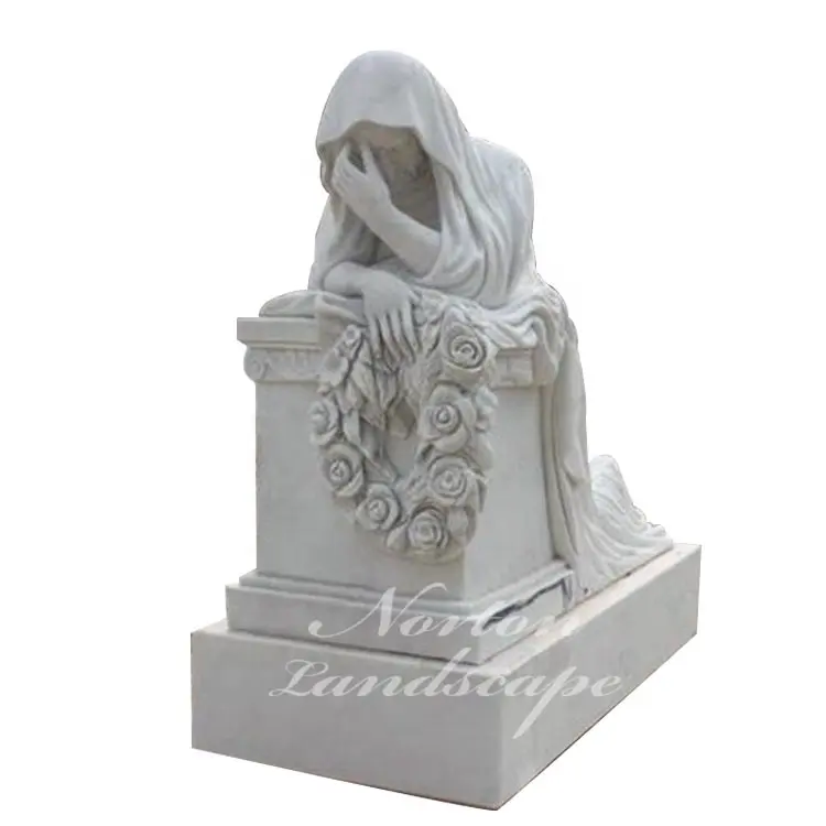 手彫りの白い花崗岩のしだれ女性の像の墓石と記念碑