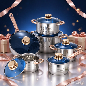 Ensemble de casseroles et poêles classiques de qualité supérieure en acier inoxydable antiadhésif avec couvercle en verre bleu pour la cuisine à domicile - Product Image 6
