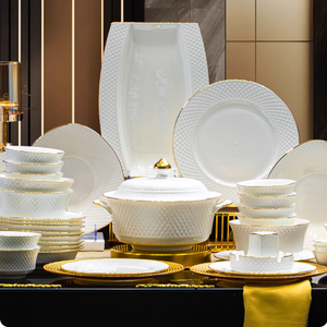 Chất Lượng Cao Vàng Cạnh Sứ Trắng Thân Thiện Với Môi Dịch Vụ Khách Sạn Bữa Ăn Tối Đặt Nổi Tốt Xương Trung Quốc Sang Trọng Bộ Đồ Ăn - Product Image 1