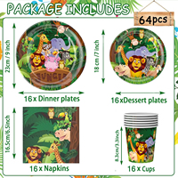 64 pièces ensemble de couverts jetables de fête de la jungle, assiettes de fête d'anniversaire d'animaux de safari tasses et serviettes, fournitures de fête d'animaux sauvages