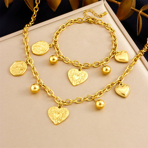 European American Retro Heart Pendant Chain Gold Plated Necklace <b>Bracelet</b> <b>Set</b> Women's Fashion Jewelry Gift - Product Image 1