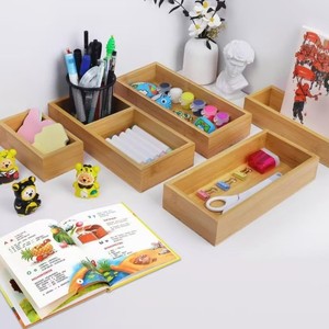 Bamboo Desktop <b>Storage</b> <b>Box</b> Set 4.5x9.8 4.7x10.5 3.5x5.7 4.5x10.5 3.5x9.2 Inch Rectangular Organizer Eco-Friendly Tidy <b>Drawer</b> - Product Image 2