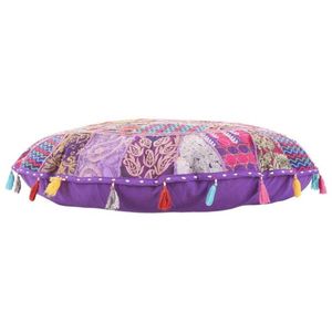 Coussin de sol ethnique de style indien, coussin de sol traditionnel indien Khambadiya en patchwork de coton avec pompons - Product Image 3