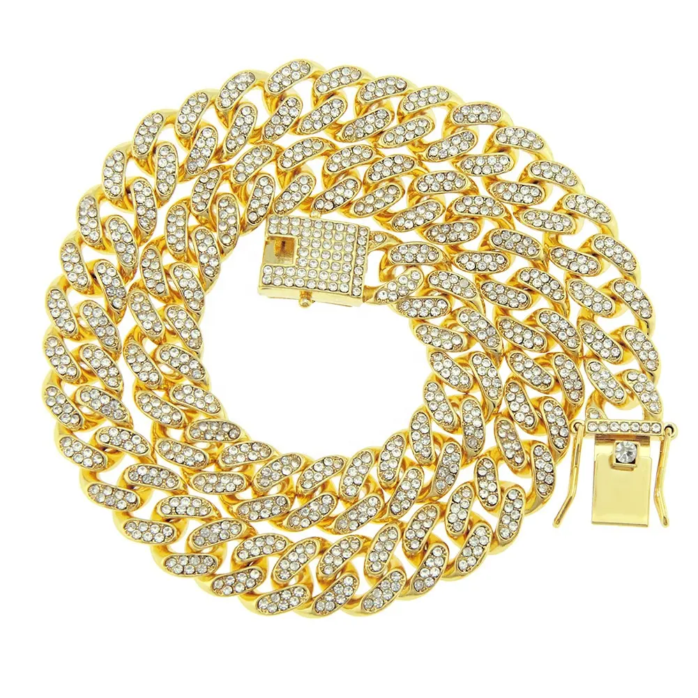 Grosir perhiasan Hip Hop berlapis emas rantai gelang berlian penuh Iced Out 12mm rantai rantai rantai Prong Miami Kuba untuk pria wanita