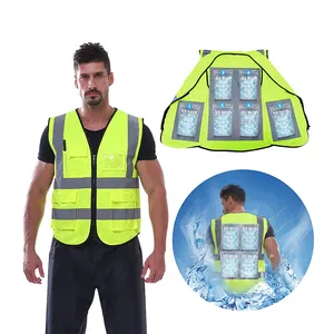 Chaleco reflectante personalizado de fábrica BSCI con bolsillos, chaleco de alta visibilidad con cremallera, chaleco de seguridad de refrigeración con 6 paquetes de hielo para hombres y mujeres