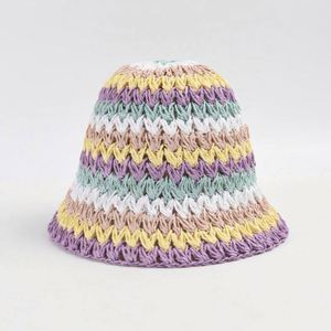 Wholesale Daily Travel Beach Rainbow Striped Hand-hooked Paper <b>Straw</b> Summer Fashion Sunshade Sun Hand Knitted Bucket <b>Hat</b> - Product Image 4