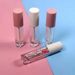 Brilho labial plástico transparente 4ml, círculo, tubo vazio com tampa branca fosca e tampa rosa brilhante