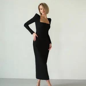 2024 उच्च गुणवत्ता वाली महिलाओं की लंबी आस्तीन वाली स्लिम फिट रैप पार्टी ड्रेस कस्टम फैशन विंटेज स्क्वायर कॉलर पार्टी ड्रेस