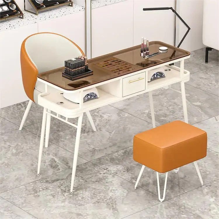 आधुनिक लक्जरी वाणिज्यिक सौंदर्य नाखून की दुकान विशेष ग्लास वैकल्पिक एम्बेडेड वैक्यूम क्लीनर नाखून टेबल और कुर्सी सेट