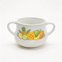 Bol à soupe en céramique à double poignée, imprimé fruits tropicaux (ananas, mangue), vaisselle en porcelaine pour la restauration en gros