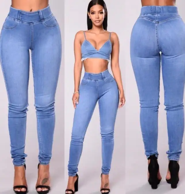 High Waisted Blue Denim Bleistift Jeans Stretch hose Frau Hose Baumwolle Denim Jeans Hose blau