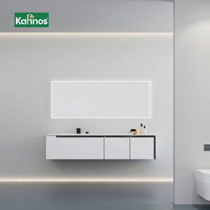 Meuble-lavabo mural moderne pour salle de bain d'hôtel avec miroir carré rétroéclairé par LED, vasque en céramique, ensemble de meuble-lavabo flottant à lavabo unique - Product Image 1