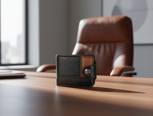 Portafoglio da uomo in vera pelle, corto, con chiusura a bottone singolo, set con confezione regalo - Product Image 2